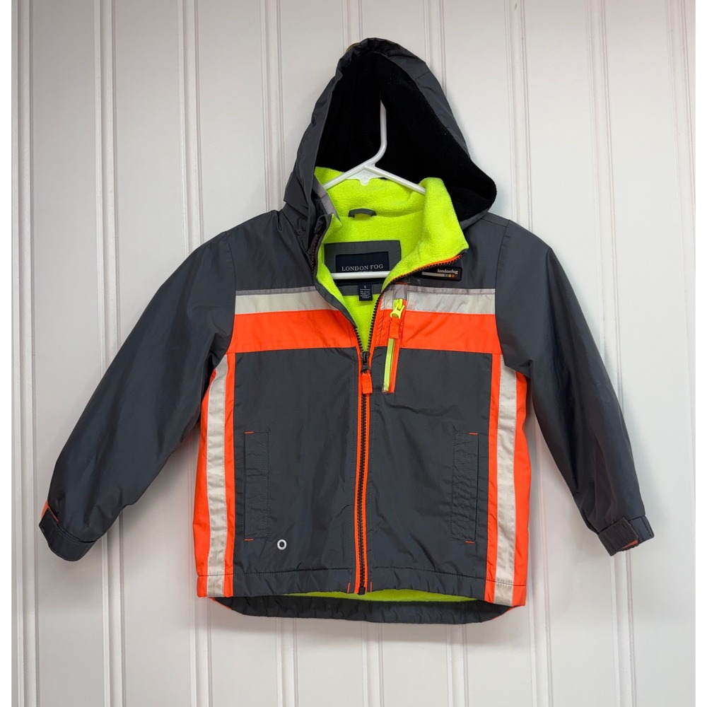 London Fog Hooded Coat Kids Size 5 Gray Orange Reflective Fleece Lined Coat
